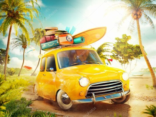 Car driving along a road overlooking the sea and islands